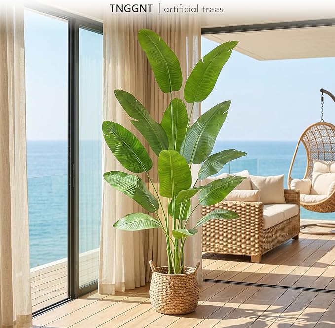 Artificial Bird of Paradise Plant: 7FT Faux Traveler's Palm Fake Banana Tree Elephant Ear Leaf Tall Silk Floor Plant in White Pot for Home Decor Indoor Office Entryway Balcony Patio Cafe Hotel