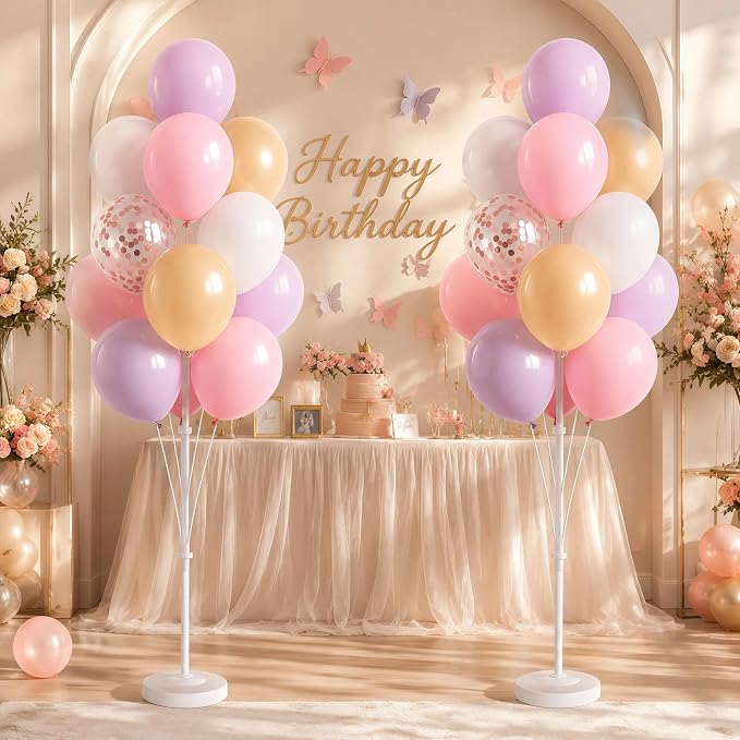 Balloon Column Kit Set of 2,Anti-Tip Sand-Fill Base Balloon Tower Stand with 10" 26pc pink purple Confetti Balloons,Height Adjustable for Easter Birthday Wedding Bridal Party Decorations