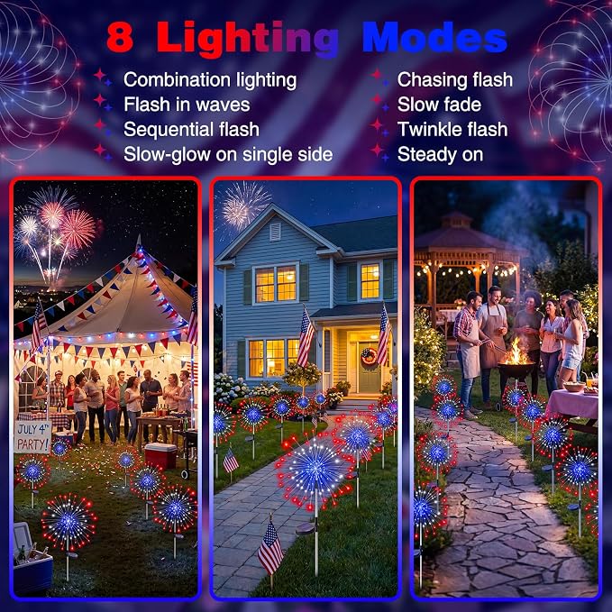 btfarm 4th of July Decorations Outdoor 4 Pack 120LED, Red White Blue Firework Lights Solar Powered, Waterproof Patriotic Garden Light for Independence Day Memorial Day Yard Pathway Lawn Decor