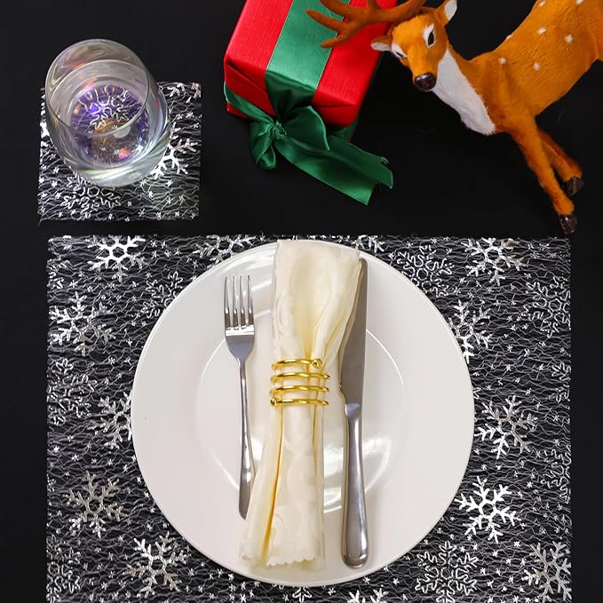 Snowkingdom Christmas Snowflake Silver Table Runner 11 Inch x 100 Feet Sparkly Silver Foil Glitter Metallic Mesh Dining Table Decorations for Seasonal Winter Xmas Festival Holiday Home Party