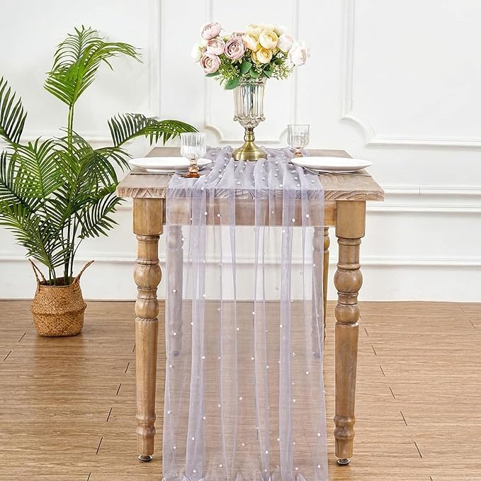 Pearl Gauze Table Runner Tulle Fabric: 10ft Seasonal Dessert Chiffon Pearl Lace Boho Overlay Wedding Veil Outdoor Wedding Aisle Runner Party Decorations Doilies, Gray