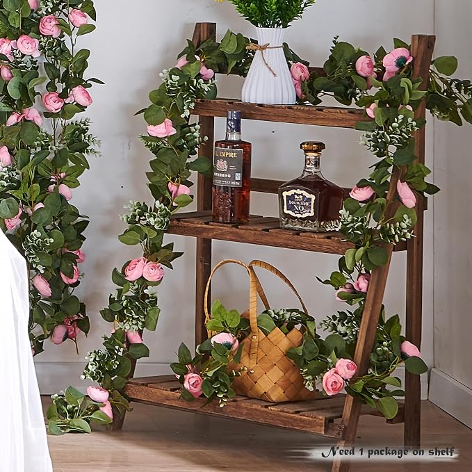 PONKING Flower Garland Artificial Rose Vine Flowers Hanging Fake Roses Vines for Wedding Birthday Party Valentines Christmas Room Wall Arch Decor, 2 Pink Floral Garland Decorations