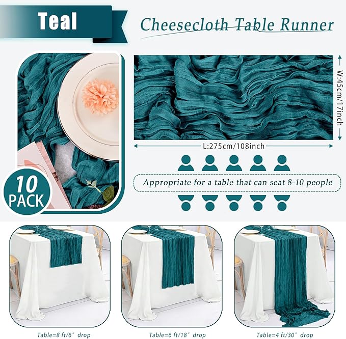 10 Pack Teal Cheesecloth Table Runner 17x108 Inch Semi Sheer Boho Rustic Gauze Cheese Cloth Table Runners for Wedding Party Birthday Baby Shower Home Décor