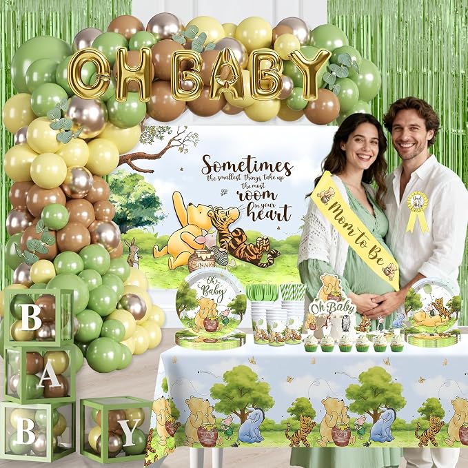280pcs Classic Bear Baby Shower Decorations Complete Party Set, for 25 Guests, Vintage Bear Baby Shower Decorations, includes Balloon Arch, Backdrop, Tableware Set, for Pooh Bear Party