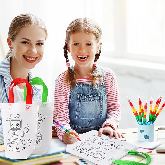 Chunful 48 Pieces Coloring Goodie Gift Bags for Kids Birthday Party Reusable Coloring Tote Bags Cute Cartoon Colorful Party Favor Non Woven with Colorful Pens DIY Crafts (Lovely with Crayon)