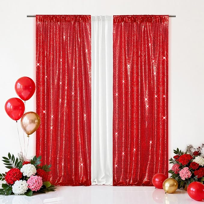 Eternal Beauty Sequin Backdrop Curtains, 2x8 Ft-2 Panels Red Back Drop for Mother's Day Shimmer Photography Party Wedding Birthday Decor