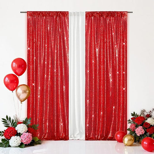 Eternal Beauty Sequin Backdrop Curtains, 2x8 Ft-2 Panels Red Back Drop for Mother's Day Shimmer Photography Party Wedding Birthday Decor