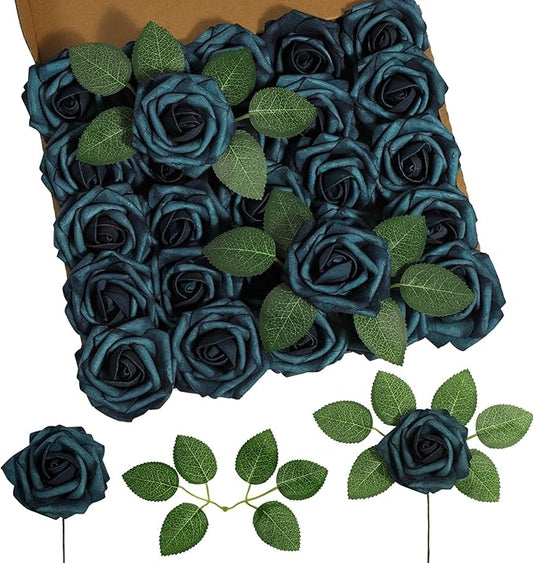 DuHouse 25Pcs Artificial Roses Flowers Fake Rose with Stems Real Touch Foam Flowers for DIY Wedding Bouquet Party Centerpiece Floral Arrangement Party Home Decor(Peacock Blue)