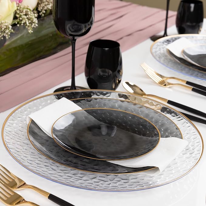 PLASTICPRO 30 Pack Hammered Plastic Plates Heavyweight Disposable Plastic Plates Elegant Transparent Black Plates With Gold Rim Platsic Party Dishes (Transparent Black With Gold Rim, 7'' INCH PLATES)