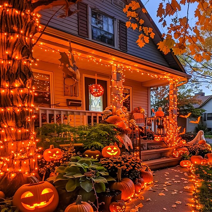 JMEXSUSS 600 LED Orange Solar Halloween Lights, 206.7 ft Solar String Lights Outdoor Waterproof, 8 Modes Orange String Light for Outside Tree Patio Bushes Halloween Decorations