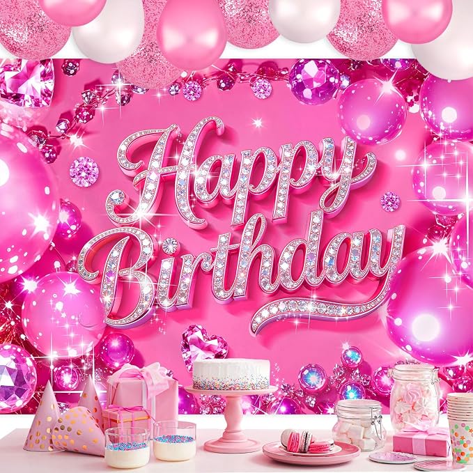 Happy Birthday Backdrop 8Wx6H Feet Polyester Fabric Bling Diamond Glitter Hot Pink Luxurious Ball for Princess Girls Decoration Modern Party Photography Background Photo Shoot Props
