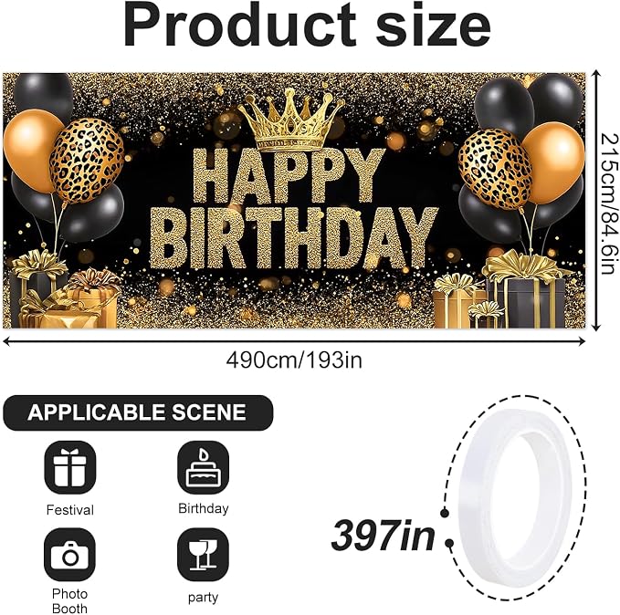 Happy Birthday Garage Door Banner Cover 7x16FT Waterproof –Black Gold Leopard Print Crown Backdrop with Balloons & Gifts Luxury Party Decor for Indoor Outdoor,Birthday Photo Booth Background for Women Men
