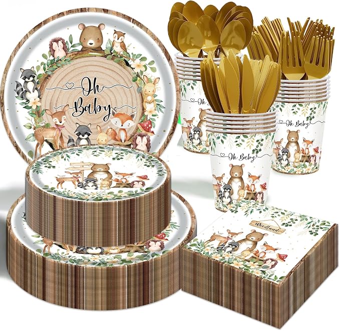 Woodland Baby Shower Party Supplies, 350PCS Safari Jungle Animal Disposable Tableware Set with Plates Napkins Cups Spoons Forks Knives for Woodland Theme Birthday Party Decorations, Serves 50 Guests