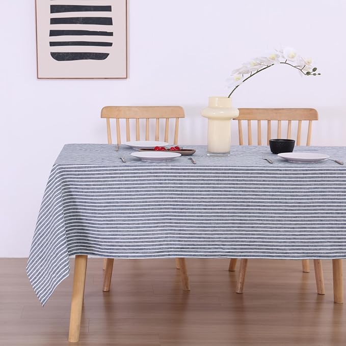 100% French Flax Linen Tablecloths Rectangle 108Lx60W Inch for Dinners, Parties, Easter, Halloween, Camping, Stone Washed, Textured, Machine Washable, 8-10 Sets (60''x108'', Blue Stripe)