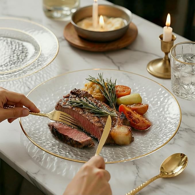 I00000 150Pcs Clear Plastic Plates with Gold Rim,Clear Disposable Plates with silverware,Gold hammer patterned plates Set include 30 Dinner Plate,30 Dessert Plate,90 Silverware Set for Party