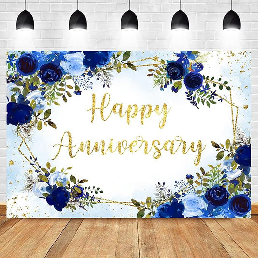 Blue Rose Happy Anniversary Backdrop 7Wx5H Feet Polyester Fabric Floral Flower Navy Gold Cheers to Wedding Bridal Women Decoration Valentine's Day Photography Background Photo Shoot Props