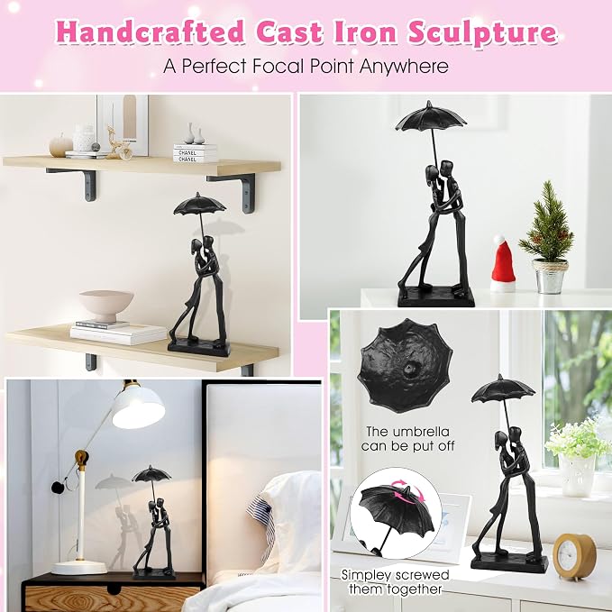 Kresecioo Anniversary for Couple/Her, Affectionate Couple Statue Kissing Under Umbrella, Handcrafted Cast Iron Sculpture in Love, for Wedding Gifts 6th Anniversary Birthday Gifts
