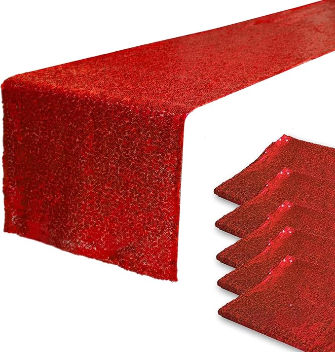 JYFLZQ Red Sequin Table Runner 12"x108" Pack of 5 Glitter Table Linens Runner Sparkly Runners for Table Wedding Birthday Party Decorations