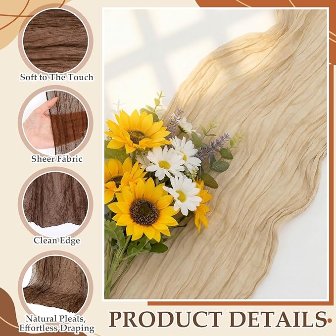 6 Pcs Brown Cheesecloth Table Runner Boho Gauze Cheese Cloth Runner 118" Rustic Table Decor for Sunset Party Thanksgiving Fall Wedding Bridal Baby Shower Birthday Home Arbor Decor