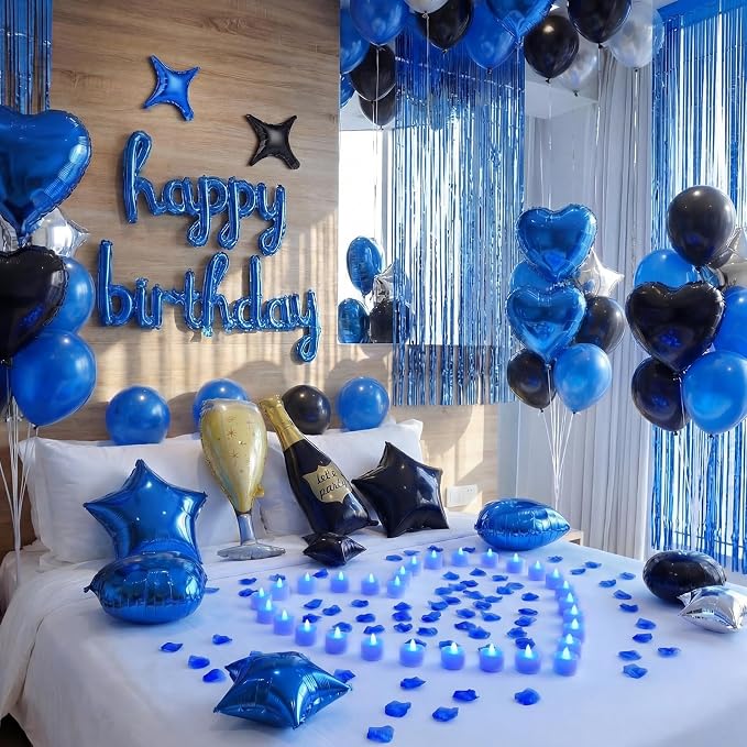 Realspring 175 Pcs Blue Happy Birthday Balloons Decorations Birthday Letters Banner with LED Candle Star Balloons 5000 Rose Petals for Surprise Party Room Decor Men Women