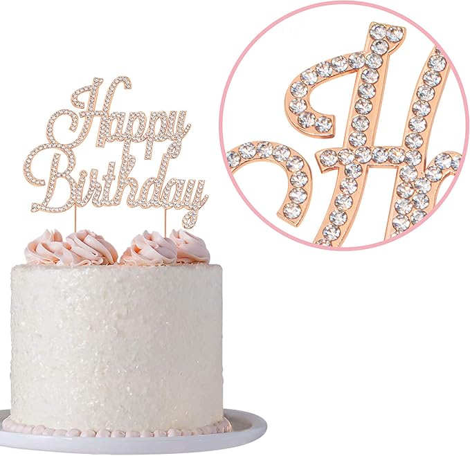 Happy Birthday Cake Topper - Premium Rose Gold Metal - Happy Birthday Party Sparkly Rhinestone Decoration Makes a Great Centerpiece - Now Protected in a Box
