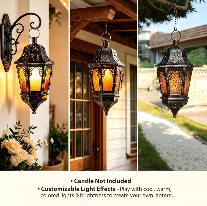 Ramadan Lantern Decorative Indoor & Outdoor, 2 PCS 13.6’’ Vintage Decorative Hanging Lanterns with Chain for Home Porch Patio Decor, Metal Christmas Moroccan Candle Holder Decorations (Amber)