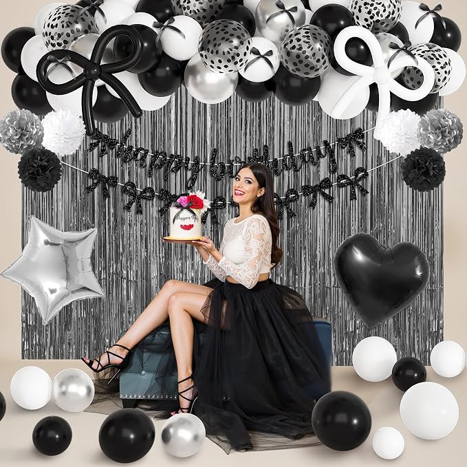 Black Bow Birthday Party Decorations, Coquette Bow Black and White Silver Confetti Long Balloons Happy Birthday Banner Fringe Curtain Tassel Pompoms for Women Girls Theme Baby Shower Party Supplies