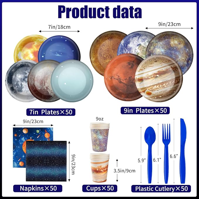 355pcs Space Birthday Decorations for 50 Guests Party Supplies Include Paper Plate, Napkin, Cup and Disposable Plastic Tableware