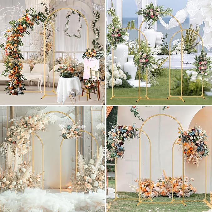 Metal Arch Backdrop Stand Set of 3(6 ft, 5 ft, 4 ft) Party Arch Stands for Valentines Day, Wedding, Birthday, Baby Shower, Bridal Shower,Balloon Arched Frame for Garden Decor, Gold Floral Arches