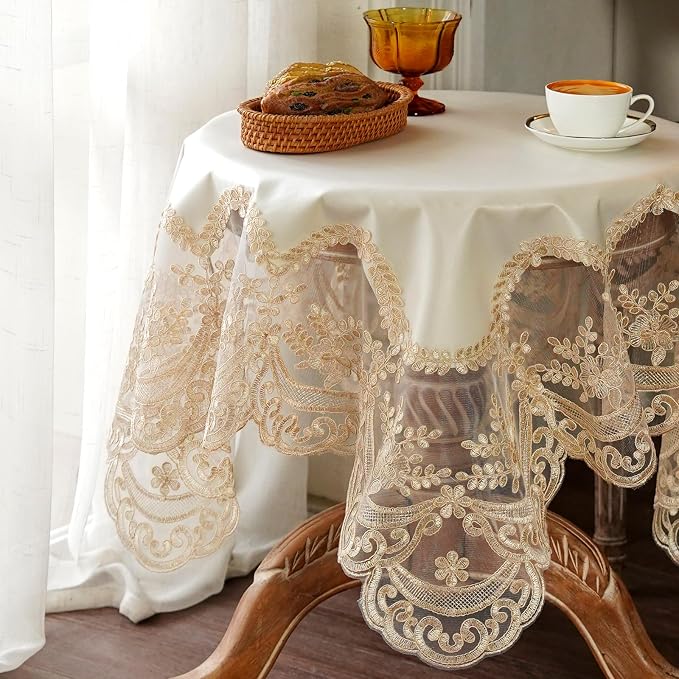 ARTABLE Lace Tablecloth Rectangle Waterproof Table Cover with Exquisite Macrame Border for Wedding Kitchen Holidays Party Decor (Beige, 41 x 41 Inch)