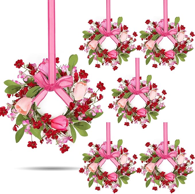6 PCS 9" Mini Valentine's Day Wreath for Front Door Valentine Kitchen Cabinet Wreath Artificial Tulip Small Wreath with Forsythia Flowers Lavender Green Leaf Ribbon for Wedding Window Home Wall Decor