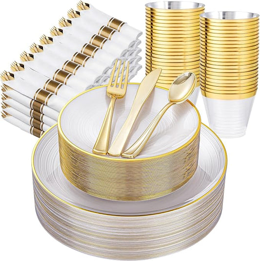 Morejoy 350PCS Pearl White and Gold Plastic Plates - Disposable Gold Party Plates & Pre Rolled Napkins with Cutlery for 50 Guests, 100Plates, 150Silverware, 50Cups, 50Napkin for Party & Mother's Day