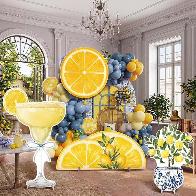4 Pcs Large Mediterranean Lemon Party Decoration, Amalfi Coast Cardboard Cutouts, Capri Baby Shower Decor for Summer Garden Lawn Yard Sign Bridal Shower Wedding Birthday Decor Photo Prop