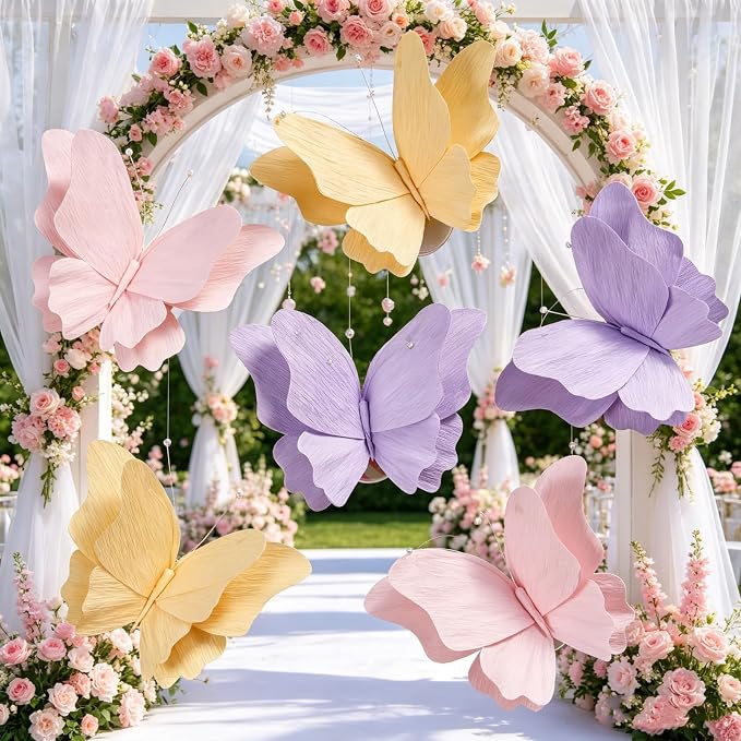 SUNBEAUTY Butterfly Party Decorations Hanging Butterfly Decorations 6Pcs Crepe Paper Garden 3D Butterflies Decor Pastel Paper Butterflies Decoration for Wedding Baby Shower Birthday Party Room Decor