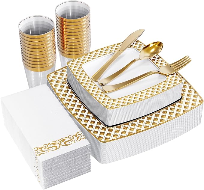 FOCUSLINE 175 Ct Gold Dinnerware Set for 25 Guests - Square Plastic Plates with Diamond Rim, Including 25 Disposable Dinner & Dessert Plates, Napkins, Cups, Cutlery