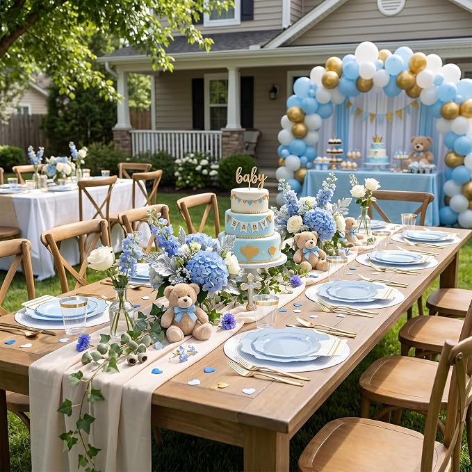 WDF 175Pcs Blue Plastic Plates - Heavy Duty Baby Blue Plates Disposable - 25Guests Plastic Dinnerware Ideal for Parties/Wedding/Baby Shower/Spring/First Communion/Father‘s Day