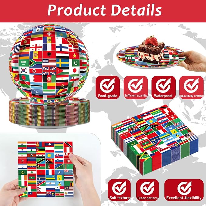 50 Guests International World Flags Party Supplies Decor Around The World Plates and Napkins Forks Travel Trip International Flags Tableware Country Paper Plates for Birthday Baby Shower Party 200PCS