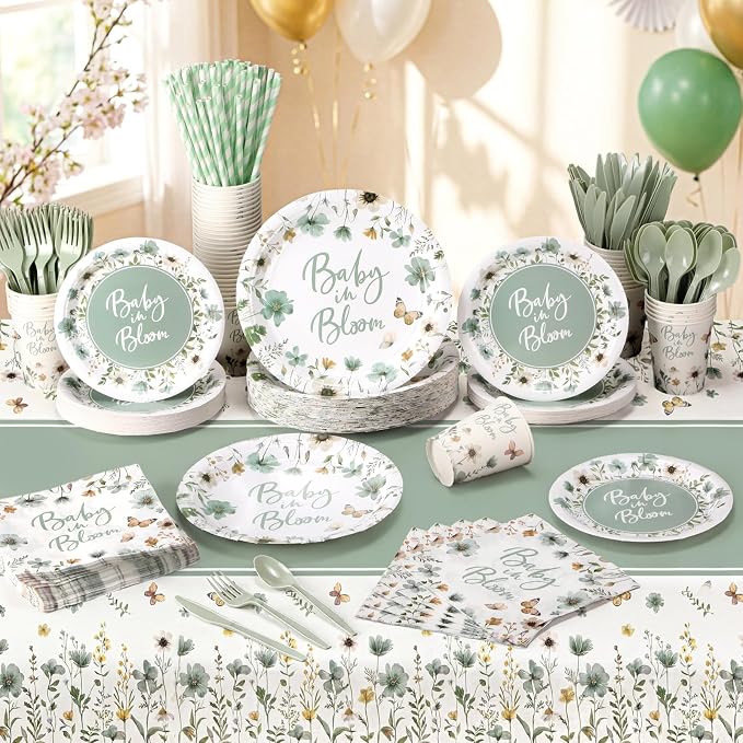 LemonRoad 452 Pcs Sage Green Baby in Bloom Decoration for 50, Green Baby Shower Paper Plates Napkins Cups Tablecloth Cutlery Straws Disposable Tableware for Spring Wildflower Babys Shower Party Supply