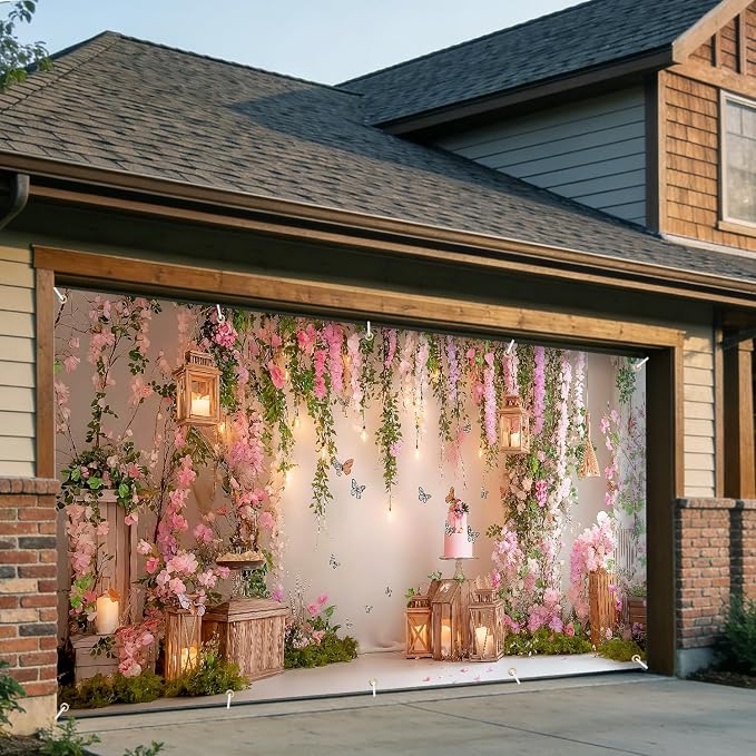 Garden Garage Door Banner Cover 7x16FT Waterproof Cherry Blossom Floral Backdrop with Butterflies –Spring Easter Wedding Decor,Baby Shower Photo Booth Background, Birthday Party & Outdoor Decoration