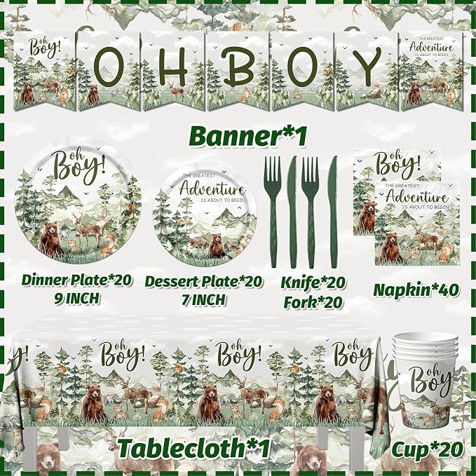Let The Adventure Begin Baby Shower Tableware,Woodland Baby Shower Plates and Napkins Decorations Cups Banner Tablecloth for Adventure Awaits Baby Shower Boy Mountain Party Decorations