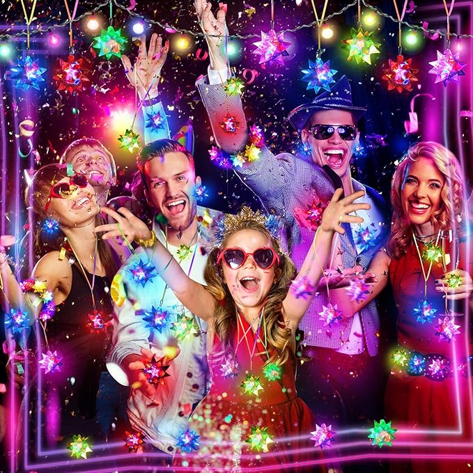 HONLYNE 150 PCS Flashing Crystal Star Necklaces, Glow Necklaces Bulk Light up Party Favors, LED Glow in The Dark Supplies for Kids Adults Birthday Glow Party Rave Halloween Goodie Bags Filler