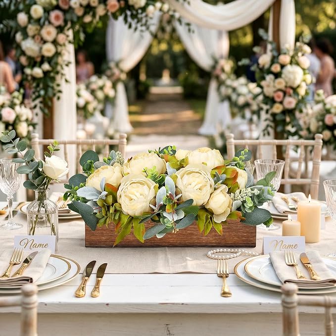 Flower Table Centerpieces for Dining Room, Summer Artificial Peony Table Centerpieces Wood Tray with Fake Flowers for Wedding Living Room Party Bar Kitchen Table(Champagne)