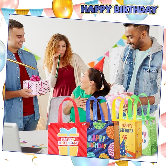 Wesnoy 24 Pcs Happy Birthday Gift Bags Bulk Medium Party Favor Bags Reusable Non Woven Goodie Tote Bag 8 x 8 x 3.5 in Gift Bag with Handles for Birthday Baby Shower Wedding Party Supplies