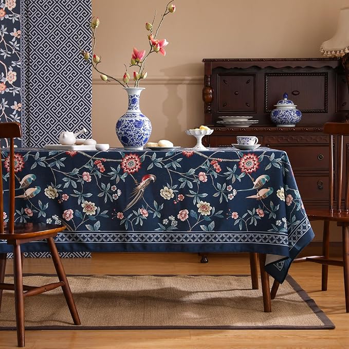 patdrea Elegant Vintage Linen Tablecloth,Rectangular,87"x55"-Lanruoting | Chinoiserie Table Cloth for Rectangle Table,Blue Oriental Bird Floral Print,Dining Tea Party Thanksgiving Table Decor