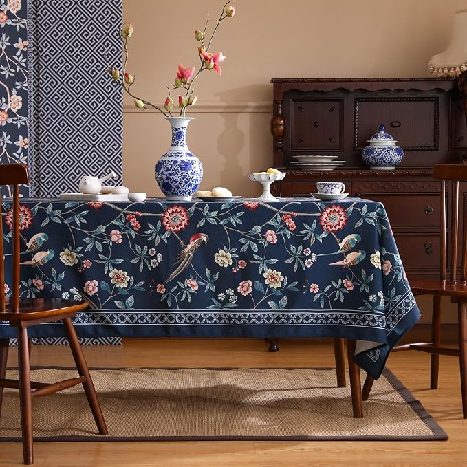 patdrea Elegant Vintage Linen Tablecloth,Rectangular,102"x63"-Lanruoting | Vintage Large Table Cloth for Rectangle Table,Blue Oriental Bird Floral Print,Dining Tea Party Thanksgiving Table Decor