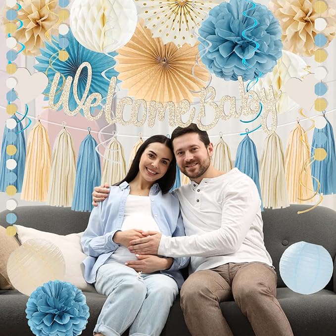 Light-Dusty Blue Boho Baby Shower Party-Decorations Beige Champagne Boy Neutral Welcome Baby Banner Décor With Honeycomb Balls Circle Dots Garland Lantern PomPoms Flowers Hanging Swirls Party Supplies