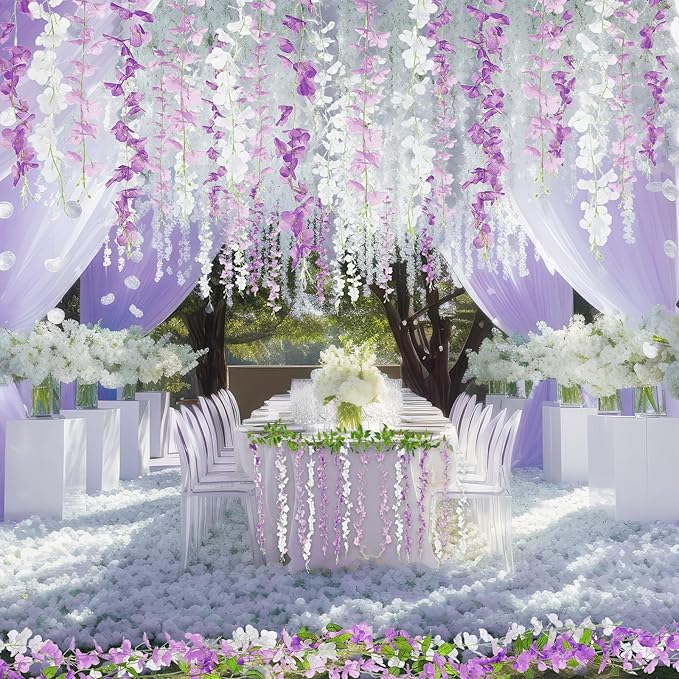Thiccywoov 8pcs Wisteria Artificial Flowers Garland, 7.2Ft/Piece Wisteria Hanging Flowers Garland for Wedding Arch Decoration Outdoor Ceremony Home Backdrop Garden (Light Purple,Dark Purple,White)