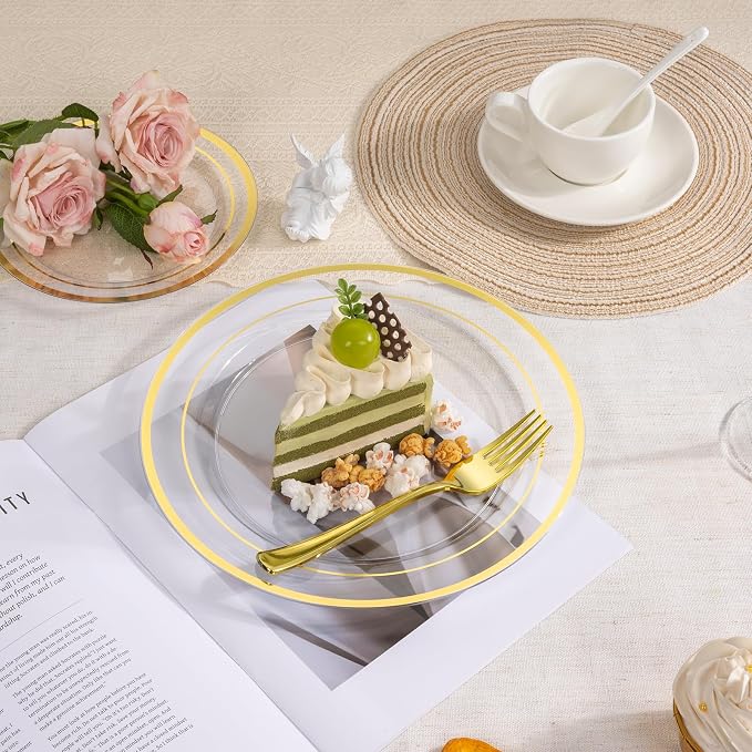 realluck 350PCS Clear Gold Plastic Dinnerware Set for 50 Guests, Disposable Party Plate for Wedding Party, Include: 100 Plastic Plates, 50 Pre Rolled Napkins with Silverware, 50 Cups
