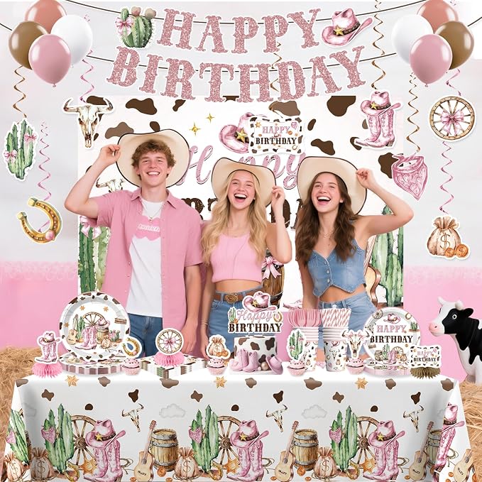 Xynic 214pcs Western Cowgirl Birthday Party Decorations Tableware Set, 25 Serves Disposable Cowgirl Plates and Napkins Set, with Backdrop, 2pcs Tablecloth, for Pink Western Party Decorations