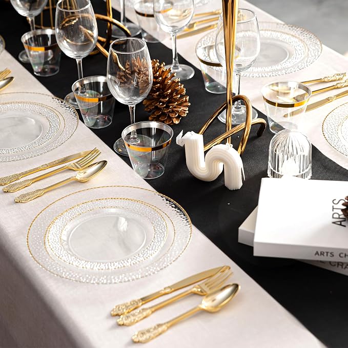HOMIP 60PCS Clear Plastic Plates with Gold Stone Texture rim - Disposable Party Crystal Plates Include 30PCS 10" Dinner Plate & 30PCS 7" Dessert Plate Perfect for Wedding & Party